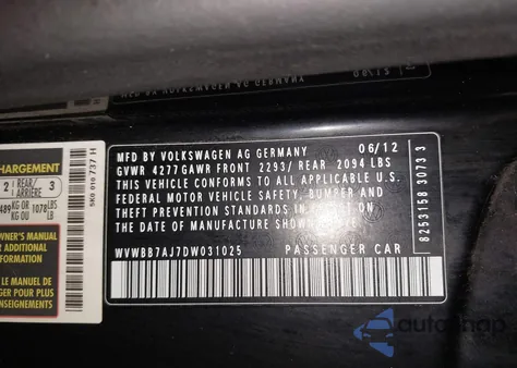 2013 Volkswagen Golf 2.5L 2-Door z USA, uszkodzony, nr VIN WVWBB7AJ7DW031025